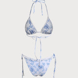 Žydras Gėlių Šnervinis Bikini Komplektas