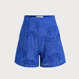 Blue Embroidered Cotton Shorts