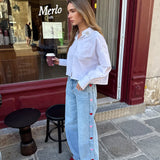SIDE HEART WIDE LEG JEANS RED PINK