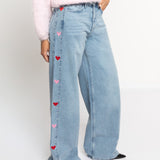 SIDE HEART WIDE LEG JEANS RED PINK