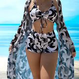 Denisa – Set bikini 3 piese cu imprimeu spiralat