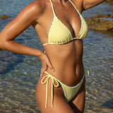 Žydras Halterio Gėlių Apverčiamas Bikini Rinkinys