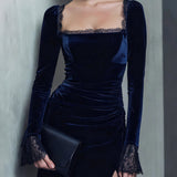 Blue Velvet Square Neck Mini Dress