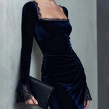 Blue Velvet Square Neck Mini Dress