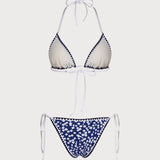 Mėlynas Halteris Gėlių Triangulinis Bikini Komplektas