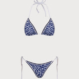 Mėlynas Halteris Gėlių Triangulinis Bikini Komplektas