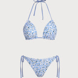 Žydras gėlių trikampio bikini komplektas