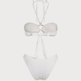 White Halter Jacquard Bandeau Bikini Set