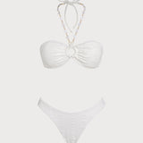 White Halter Jacquard Bandeau Bikini Set