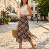 Plaid Midi Sijonas su Undinėlės Pjūviu