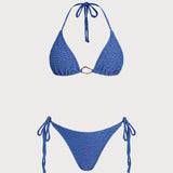 Mėlynas trikampis bikini rinkinys su halterio viršumi