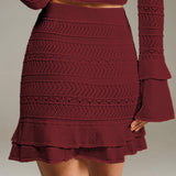 Raudonas Megztas Mini Sijonas su Ruffles