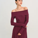Raudona Off-The-Shoulder Megztinė Suknelė
