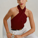 Raudona megzta halterio blusa