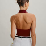 Raudona megzta halterio blusa