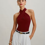 Raudona megzta halterio blusa