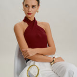 Raudona megzta halterio blusa