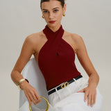 Raudona megzta halterio blusa