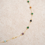 "Aukso Tarpo Karoliukų Kaklo Papuošalas" can be rewritten as "Aukso Tarpo Karoliukų Kaklo Papuošalas" (as it appears to be in Lithuanian). If you're looking for an English translation or a more descriptive title, it could be "Gold Spaced Beaded Necklace."