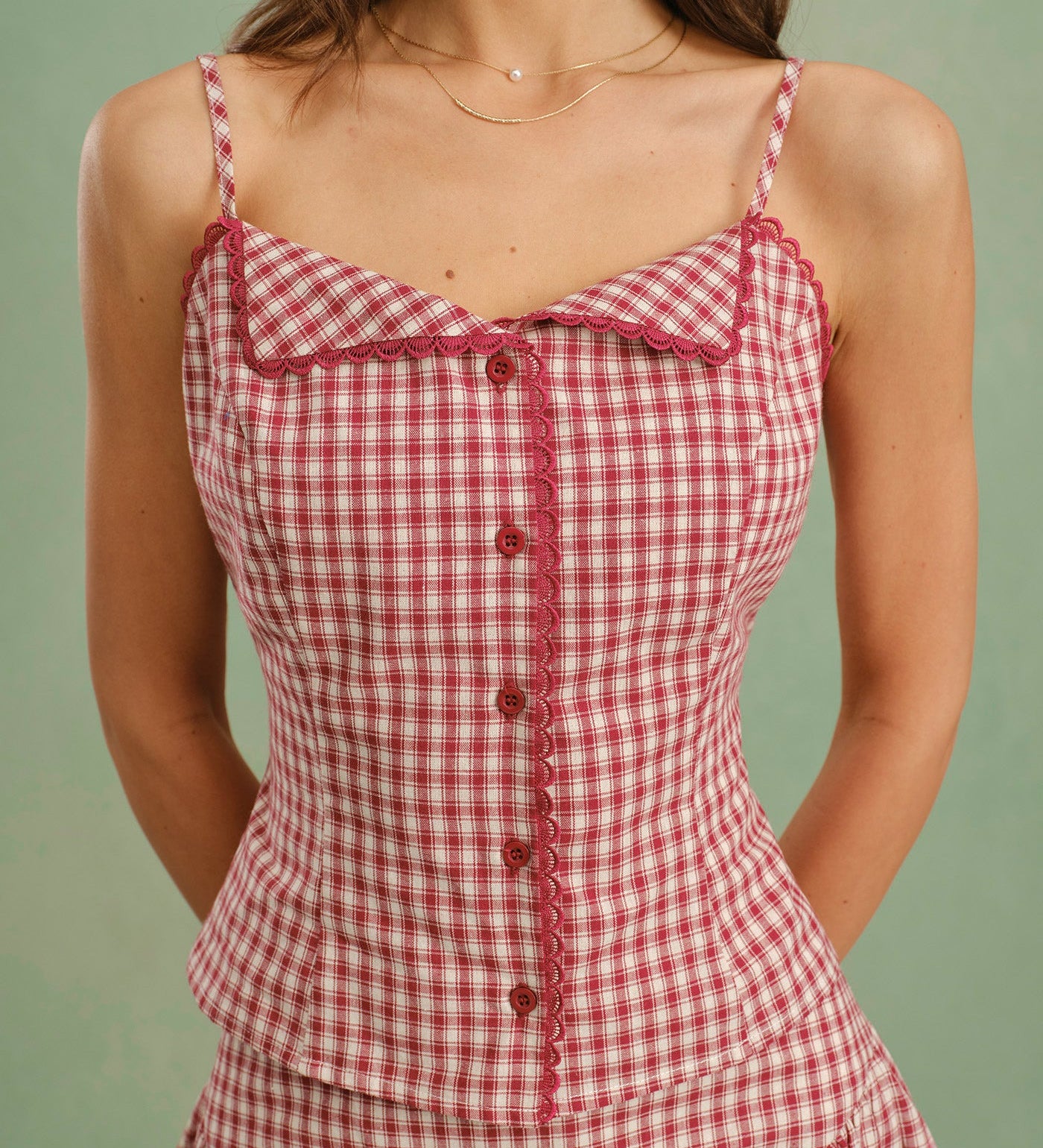 Raudonas Plaid Apykaklės Cami Top