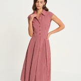 Raudona Plaid Apykaklė Midi Suknelė