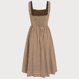 Rudas Plaid Be Rankovių Midi Suknelė" can be rewritten as "Brown Plaid Sleeveless Midi Dress.