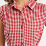 Raudona Plaid Apykaklė Midi Suknelė