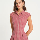 Raudona Plaid Apykaklė Midi Suknelė