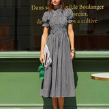 Blue Gingham Puff Sleeve Midi Dress