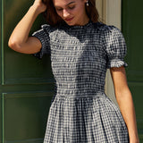 Blue Gingham Puff Sleeve Midi Dress