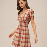 Raudona Plaid V-Kaklo Mini Suknelė