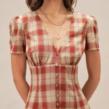 Raudona Plaid V-Kaklo Mini Suknelė