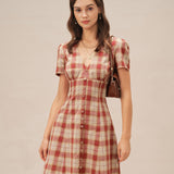 Raudona Plaid V-Kaklo Mini Suknelė