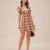 Raudona Plaid V-Kaklo Mini Suknelė