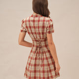 Raudona Plaid V-Kaklo Mini Suknelė