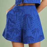 Blue Embroidered Cotton Shorts
