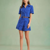 Blue Embroidered Cotton Shorts