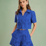 Blue Embroidered Cotton Shorts