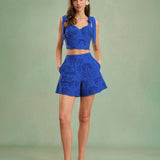 Blue Embroidered Cotton Shorts