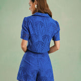 Blue Embroidered Cotton Shorts