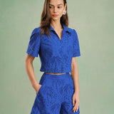 Blue Embroidered Cotton Shorts