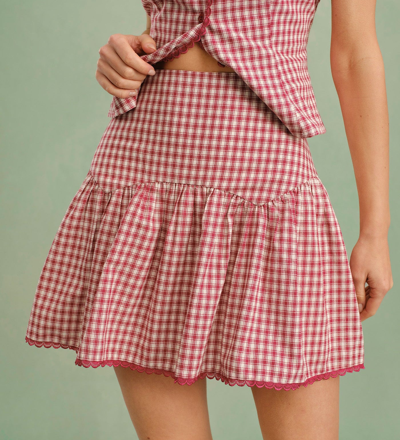 Raudona Mini Suknelė su Plaid Raštu