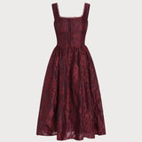 Raudona Kvadratinė Jacquard Midi Suknelė