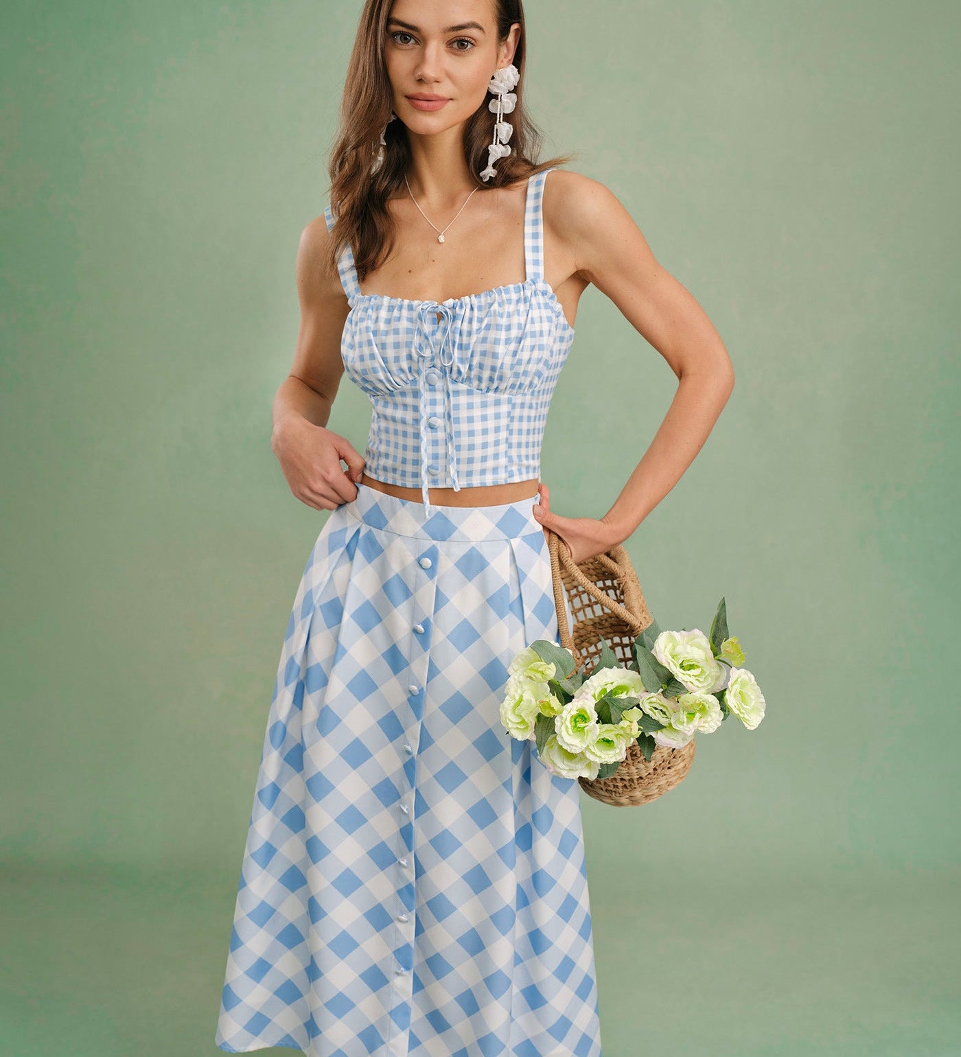 Blue X Cross Neck Plaid Cami Top