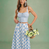 Blue X Cross Neck Plaid Cami Top