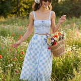 Blue X Cross Neck Plaid Cami Top