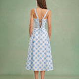 Blue X Cross Neck Plaid Cami Top