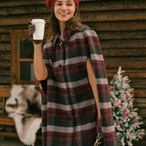 Raudonas Plaid Cape su Rankovėmis Paltas