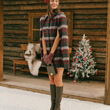 Raudonas Plaid Cape su Rankovėmis Paltas