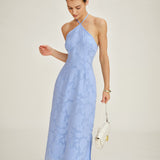 Blue Halter Neck Jacquard Maxi Dress